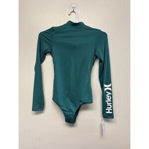 NWT Hurley Women's XS Long Sleeve One-Piece Swimsuit Cheeky Emerald Green Retro
